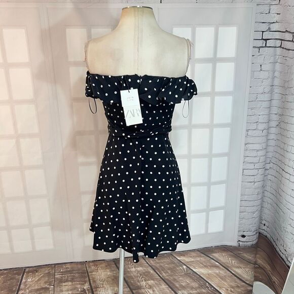 Zara NWT Black White Polka Dot Off Shoulder Tie Back Mini Sundress Size Small - Picture 8 of 12